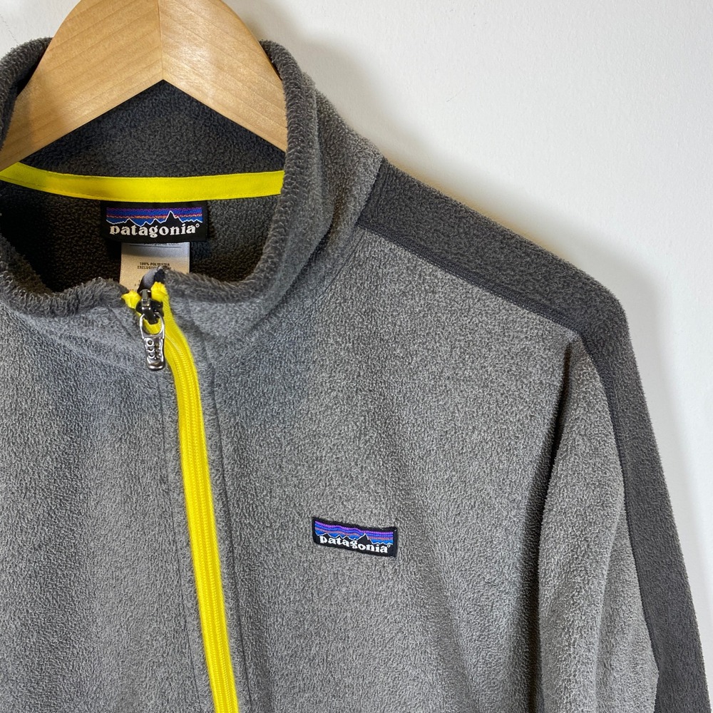 Patagonia Micro D Full Zip Fleece Jacket Mens M Gray Charcoal Neon Yellow Trim